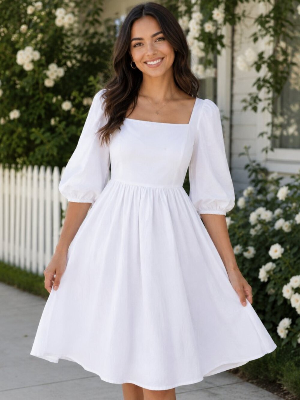 Emma Knudsen White Puff Sleeve Square Neckline Charlotte Dress Sz S